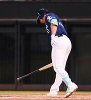 　８回、見逃し三振に倒れ、悔しがる代打マルティネス（撮影・中島達哉）