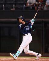 　４回、２ランを放つ万波（撮影・中島達哉）