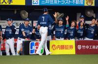 　先制のホームを踏んだ松本剛を迎える日本ハムベンチ（撮影・石湯恒介）