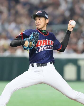 　先発し力投するドリーム・ヒーローズの能見篤史氏（撮影・石井剣太郎）