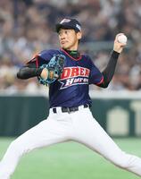 　先発し力投するドリーム・ヒーローズの能見篤史氏（撮影・石井剣太郎）