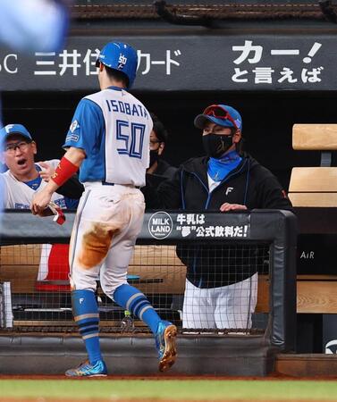 　８回、石井の適時三塁打で生還した五十幡（５０）を迎える新庄監督（右）＝撮影・中島達哉