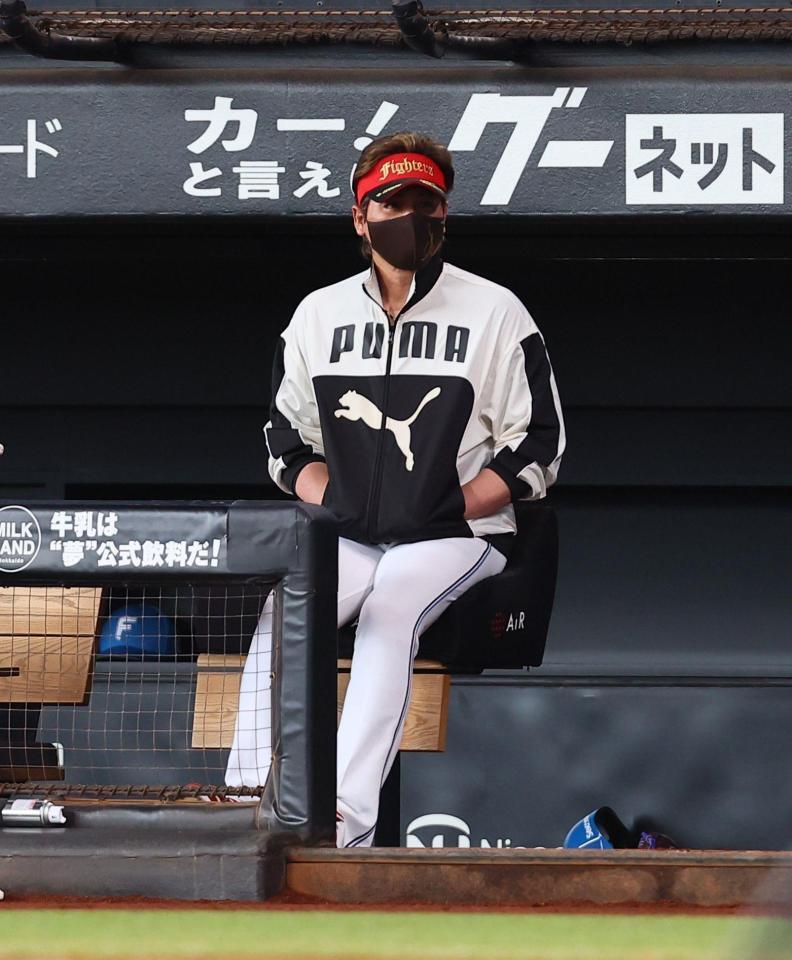 　西武の練習を見守る新庄監督（撮影・中島達哉）