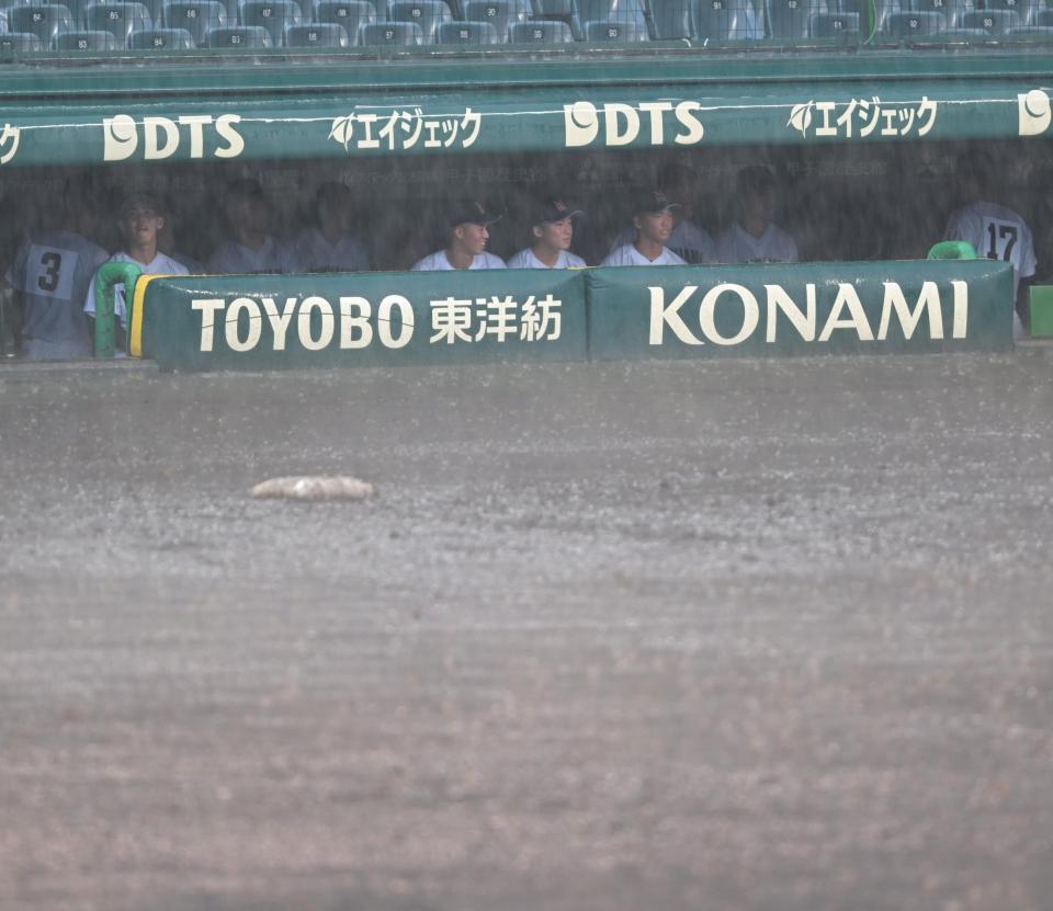 　降雨で中断中の横浜ベンチ（撮影・飯室逸平）