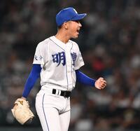 　市船橋に勝利し、ほえる明豊・寺本悠真（撮影・西田忠信）