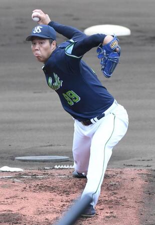 　３回途中まで５４球を投じた青柳（撮影・佐藤厚）