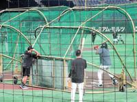 　フリー打撃を行うフェリス　左は見守る阿部監督