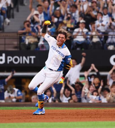 　９回、サヨナラ打を放ち、雄たけびを上げる水谷（撮影・中島達哉）