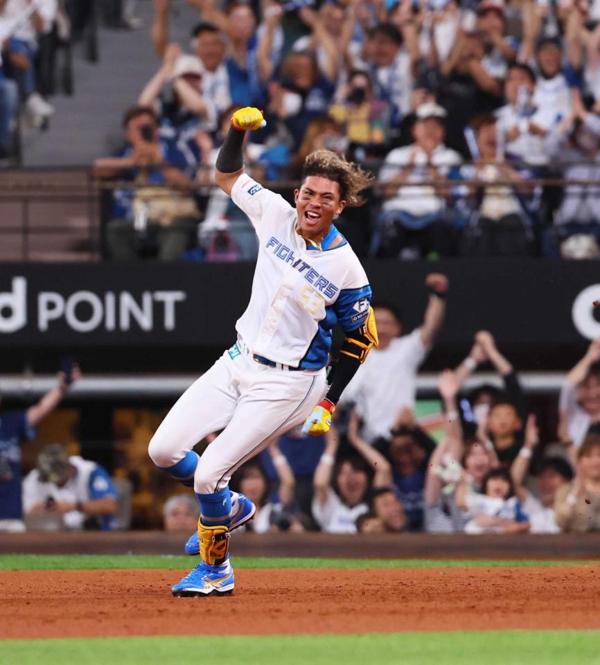 　９回、サヨナラ打を放ち、雄たけびを上げる水谷（撮影・中島達哉）