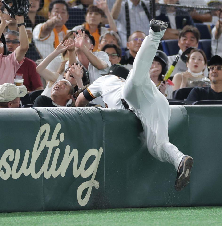 　２回、伊藤将の打球を追い、客席に飛び込むリチャード（撮影・西岡正）