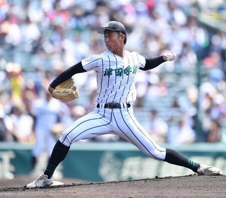 　力投する津田学園・桑山晄太朗（撮影・開出牧）