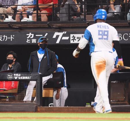 　９回、戦況を見つめる新庄監督（右は空振り三振を喫し、ベンチに下がるレイエス）＝撮影・中島達哉