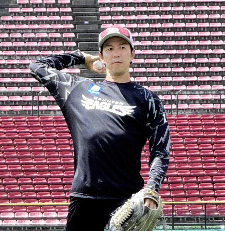 　ロッテ戦に向けて調整する岸（撮影・松井美里）