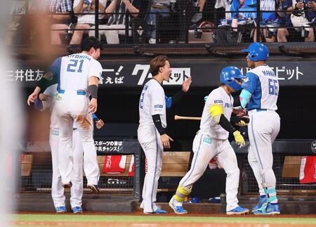 　７回、勝ち越しソロを放った万波（６６）を迎える日本ハムナイン（撮影・中島達哉）