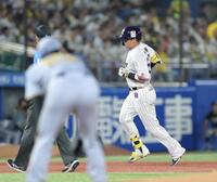 　４回、先制ソロを放ち、本塁へ向かう村上（撮影・西岡正）