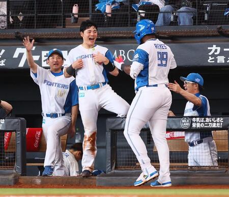 　７回、ソロを放ったレイエス（９９）をゴリラパフォーマンスで迎える清宮幸（中央）＝撮影・中島達哉