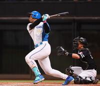 　７回、右越えに勝ち越しソロを放つ万波（撮影・中島達哉）