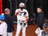 　試合前、高木豊氏（左）、近藤（右）と談笑する新庄監督＝２２日