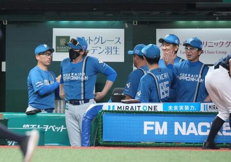 　引き分けで試合を終えた新庄監督（左から２人目）ら日本ハムベンチ（撮影・石井剣太郎）