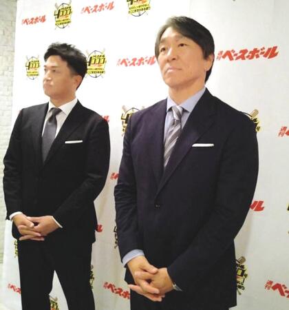 　取材に応じた松井秀喜氏（右）と高橋由伸氏