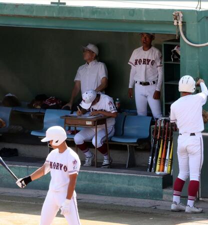 　ベンチから声を出す松本健吾新監督（後方右）＝撮影・市尻達拡
