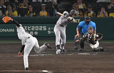 　８回、キャベッジを空振り三振に斬る石井（撮影・飯室逸平）