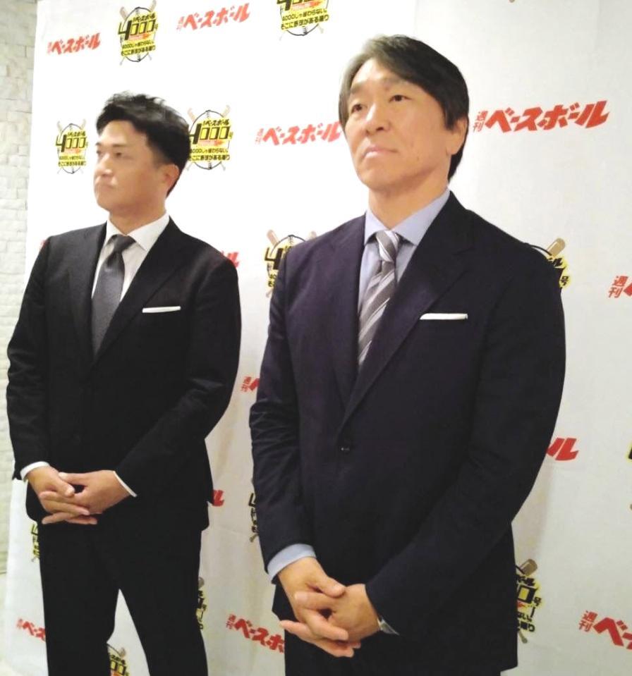 　取材に応じた松井秀喜氏（右）と高橋由伸氏