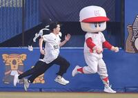 　恒例のイニング間イベントの「ダッシュマンレース」にサプライズ出場し激走する鈴木福（手前）。右はハロプロくん＝８月３１日