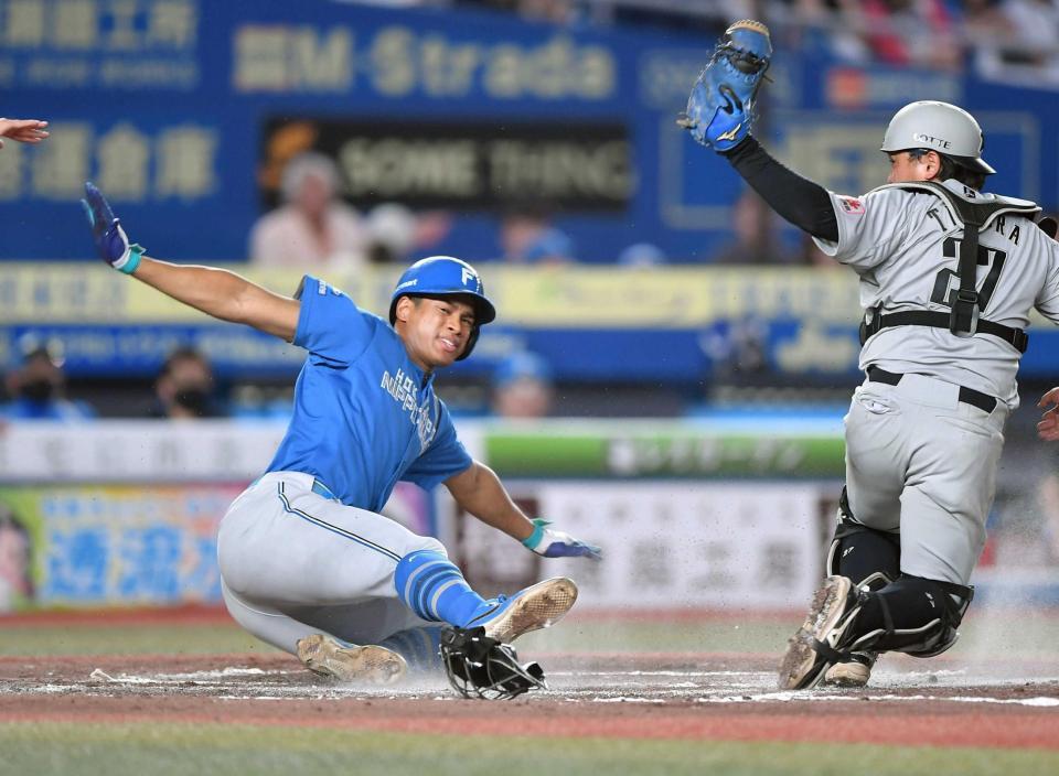 　６回、本盗を決める万波。捕手田村（撮影・開出牧）