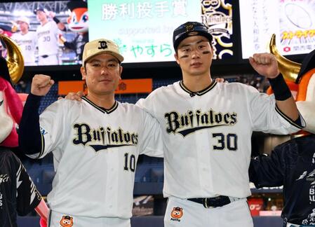 　ポーズを決める大城（左）と広岡（撮影・山口登）