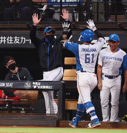 　５回、勝ち越しソロを放った今川（６１）をバンザイで迎える新庄監督（中央）＝撮影・中島達哉