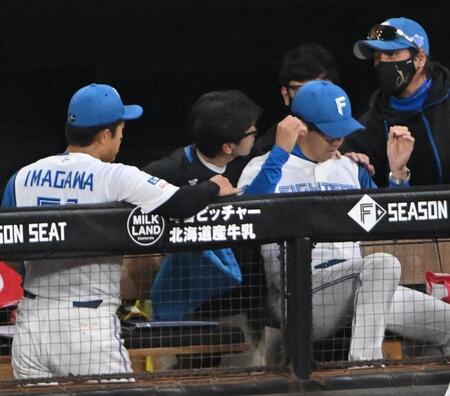 　８回、折れたバットが飛び込んだ日本ハムベンチ