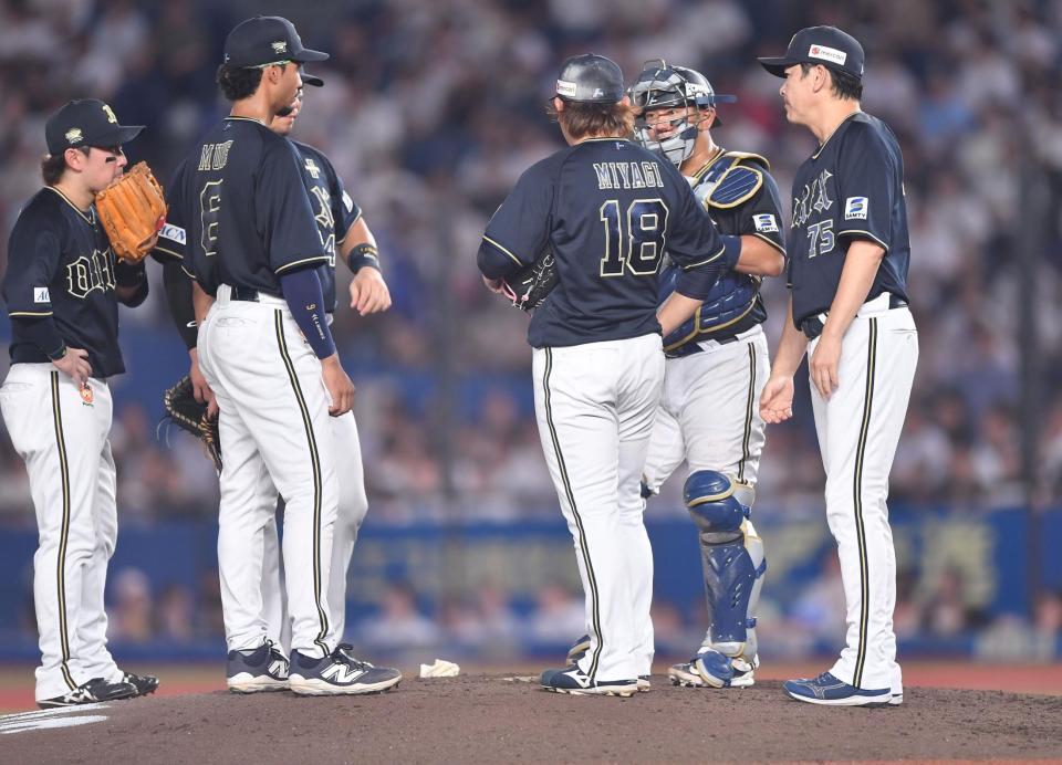 　６回、池田に右前打を打たれた先発・宮城（１８）の元に集まるオリックスナイン