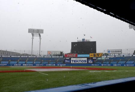 　雨が降りしきる神宮球場（撮影・伊藤笙子）