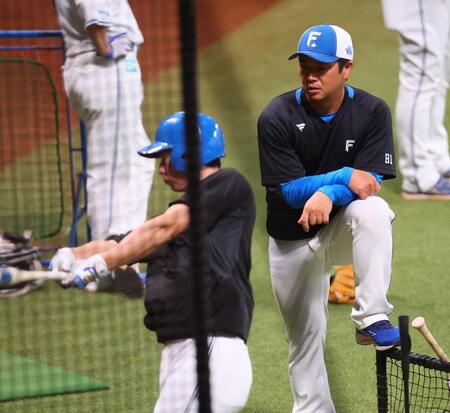 　１軍に合流し、松本剛（左）の打撃練習を見守る横尾２軍打撃コーチ（撮影・中島達哉）