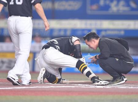 　６回、自打球の痛みに耐える牧原大（中央）