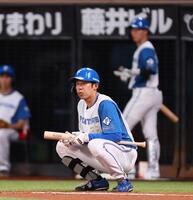 　２回、ハーフスイングを取られて空振り三振を喫し、しゃがみ込む石井（撮影・中島達哉）