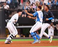 　１１回、サヨナラ打を放ち、雄たけびを上げる清宮幸（左）＝撮影・中島達哉