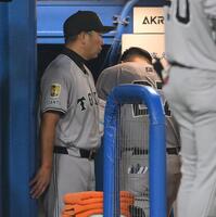 　８回、死球を受けベンチに下がる岸田（右）を心配そうに見つめる阿部監督（撮影・伊藤笙子）