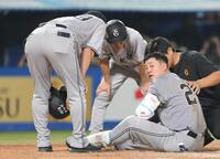 　８回、死球を受け、その場に座りこむ岸田（右手前）＝撮影・伊藤笙子