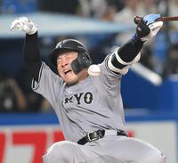 　８回、死球を受ける岸田（撮影・伊藤笙子）