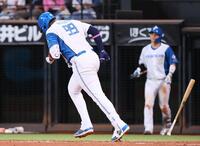 　９回、右飛に倒れるレイエス（撮影・中島達哉）