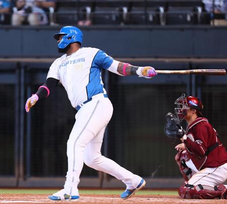 　４回、空振り三振を喫するレイエス（撮影・中島達哉）