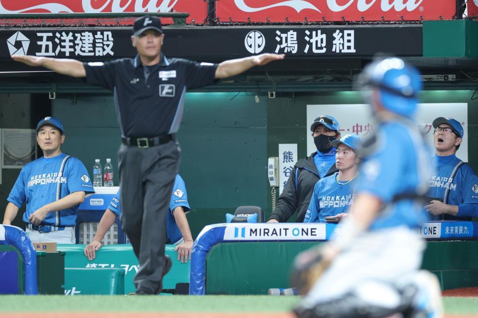 　７回、滝沢の右越え二塁打で本塁を突いた西川のアウトの判定がリクエストで覆り、審判を見る新庄監督（撮影・西岡正）