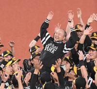 　選手たちに胴上げされる孫正義会長（中央）＝撮影・園田高夫