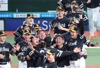 　優勝し喜ぶ有原（中央左）、上沢（同右上）らソフトバンクナイン（撮影・吉澤敬太）