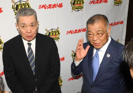 　現役時代を振り返る江川卓氏（左）と掛布雅之氏（撮影・堀内翔）