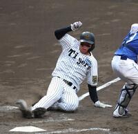 　５回、細川の悪送球の間に同点の生還を果たす森下（撮影・北村雅宏）