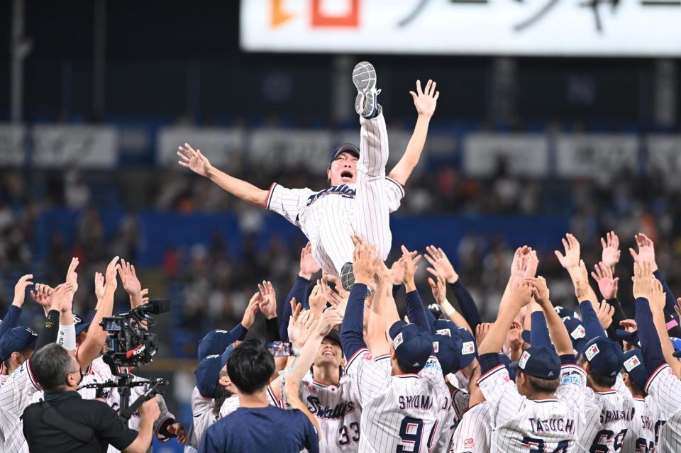 　試合後のセレモニーでナインに胴上げされる高津監督（撮影・開出牧）