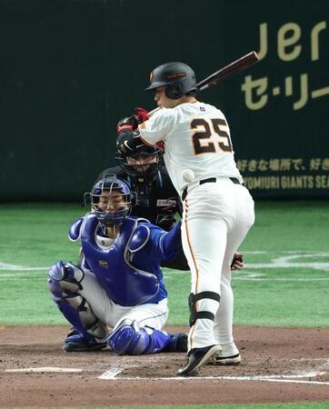 　７回、死球を受ける岡本（撮影・金田祐二）